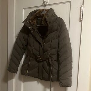 Cole Haan Signature Olive Green Down Puffer Jacket with Faux Fur